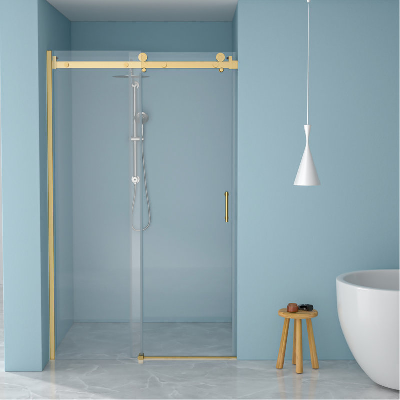 48 - 48,8 po, porte de douche simple à largeur d'installation, verre trempé de 8 mm, cadre doré, base renforcée, imperméabilisation