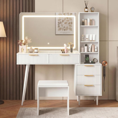 Fluted Vanity Desk with LED Mirror & Lights, 48" Makeup Table with Glass Top, Charging Station & Stool
