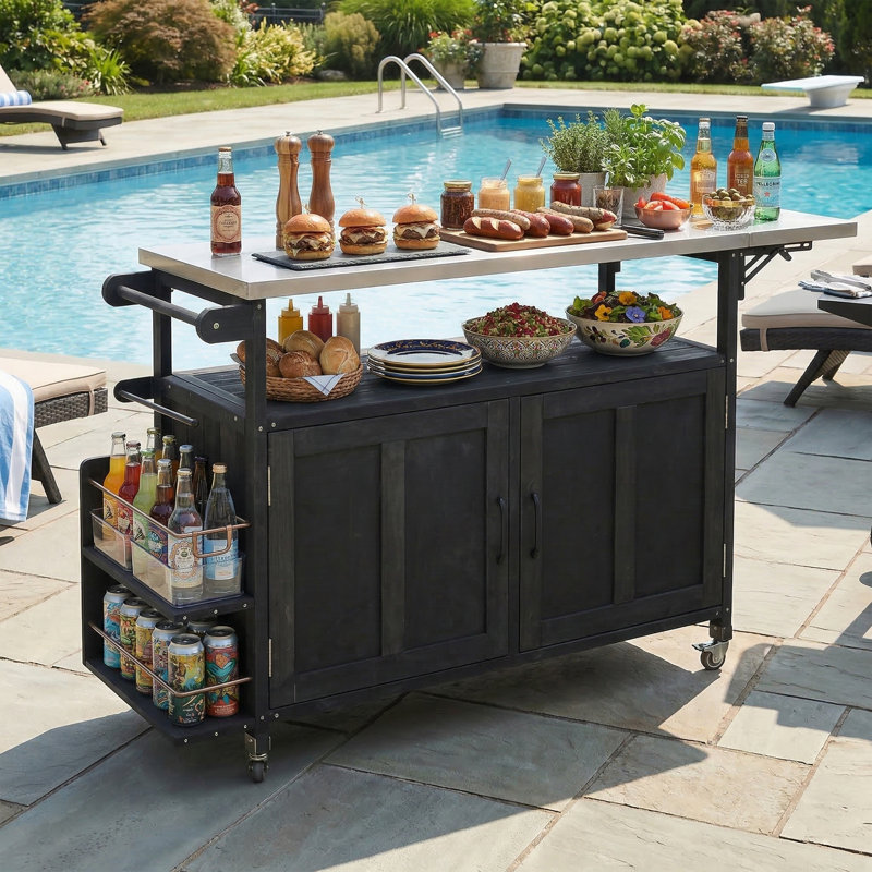 Îlot de cuisine pliable 60,6 po avec plateau en acier inoxydable - Chariot de préparation de barbecue mobile avec armoire de rangement et porte-serviettes - Cadre en bois massif - Noir