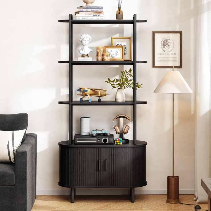 Nataysha 4-Tier Bookcase with Sliding Door , Black