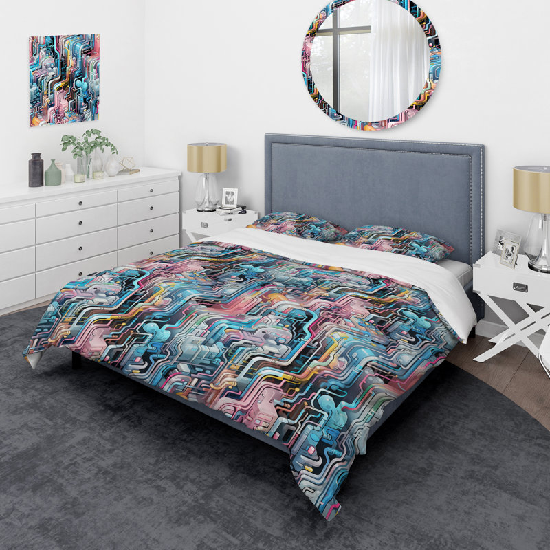 Techno Matrix Futuristic Dreams Edm Pattern II Abstract Duvet Cover, Queen Duvet Cover + 2 Standard Shams