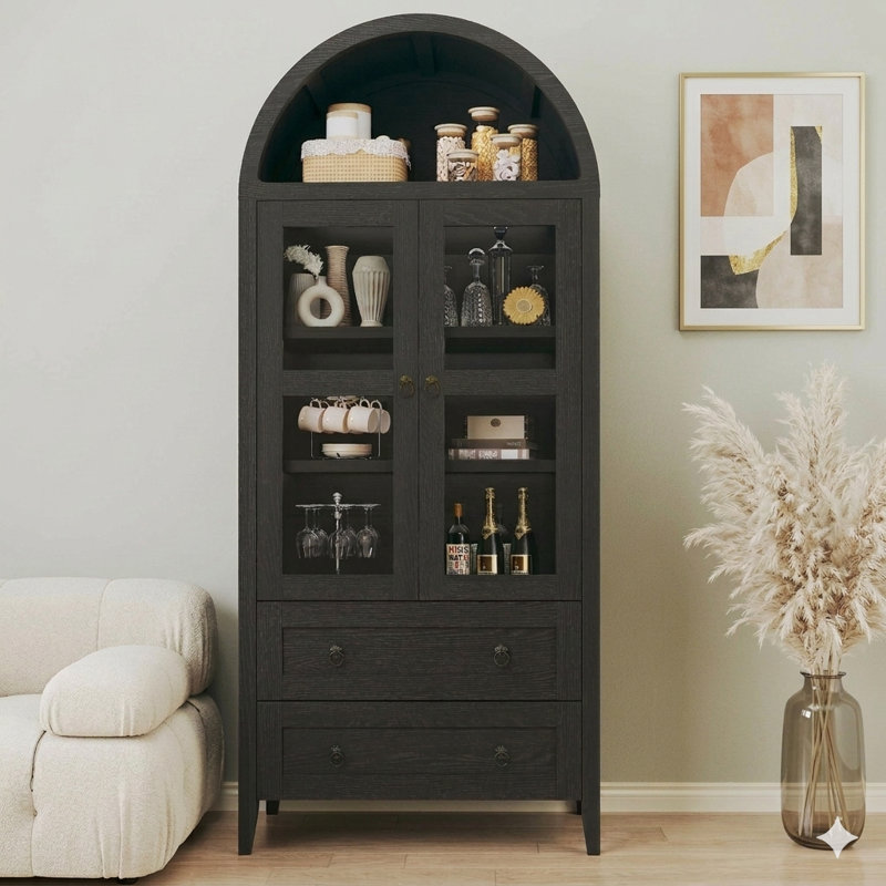 Arched China Cabinet Display Cabinet with Two Drawers Adjustable Shelves, Black