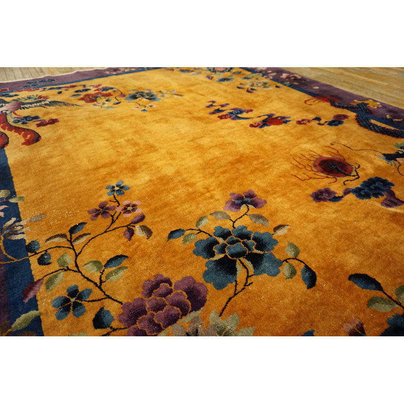 Yellow / Gold Orange Floral 1920s Hand Knotted Pile Wool Antique Rectangle Rug