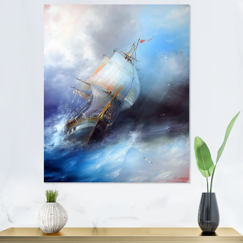 Vieille bataille de voilier dans une tempête - art nautique et côtier sur toile, H 12 po x l 8 po x P 1 po, Toile tendue