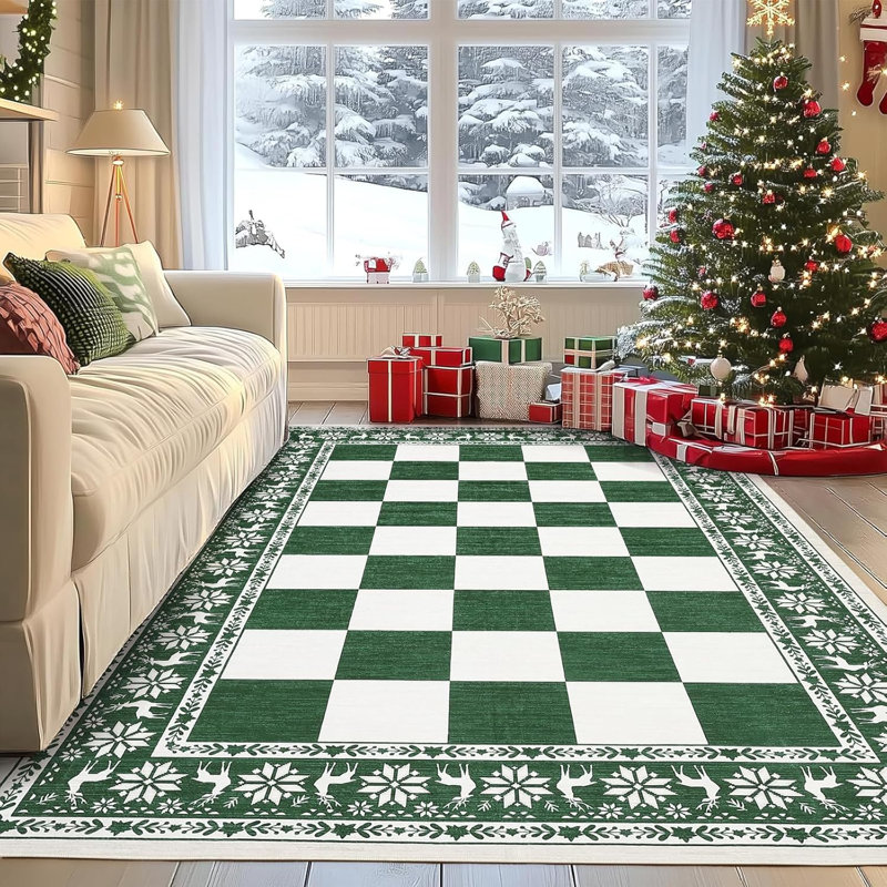 6x9 Checkered Christmas Area Rug, Washable Non Slip Low Pile Rug for Dining Room, Green, Rectangle 6' x 9', Green