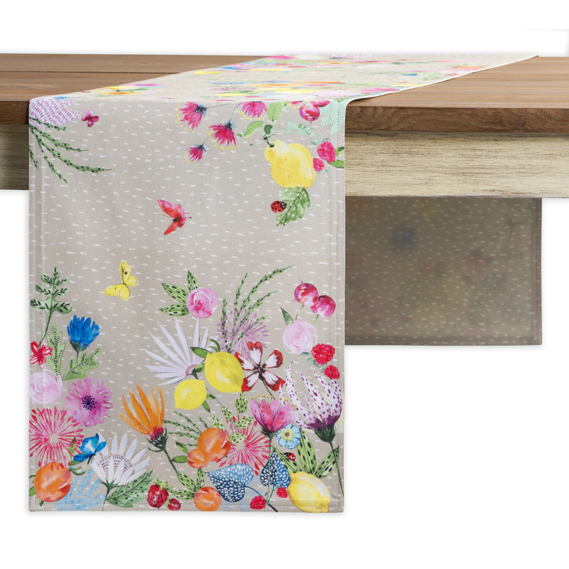 Floral 100% Cotton Table Runner, 72" L x 14.5" W, Fog