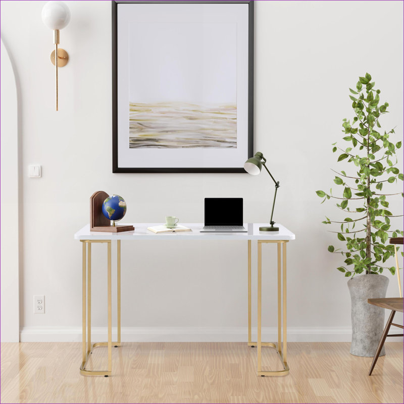 Bureau d'écriture, blanc moderne Or de 48,5 po de largeur avec base ouverte | Blanc + or | Bois et métal