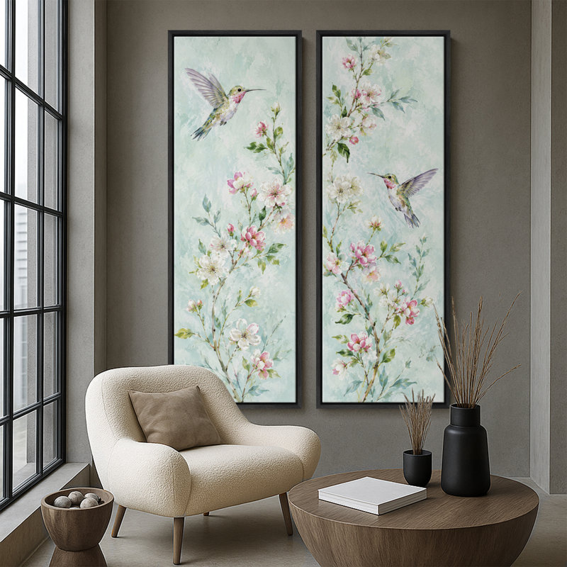 Colibris et fleurs roses - Décoration botanique douce - Ensemble de 2 impressions sur toile encadrées (60 po x 20 po x 2 po)
