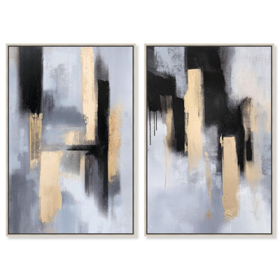Onyx and Aureolin Set Canvas Print Abstract Boho Art Set by Art Remedy, Silver Frame, 20 x 30