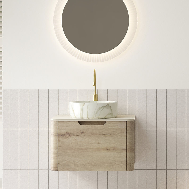 Meuble-lavabo 24 po, armoire en contreplaqué flottant, cuve en céramique blanche, motif en pierre, comptoir fritté romain, finition chêne et tiroir 24 po, lavabo, fonctionnement en douceur