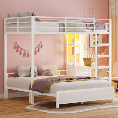 Twin Over Full Bunk Bed With Desk, Charging Station, Led Lights, Storage Drawers And Shelves, White