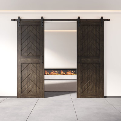 Homacer Ebony 26 in. x 84 in. Finished & Unassembled 4-IN-1 Fishbone Design Two Barn Door with Non-Bypass Installation Hardware Kit, 9ft track, interior use only