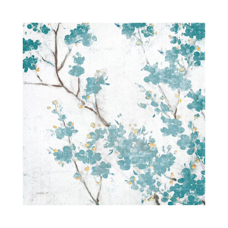 Teal Cherry Blossoms II on Cream Aged, No Bird 1 Piece Wrapped Canvas Painting, 30.48 cm H x 30.48 cm W
