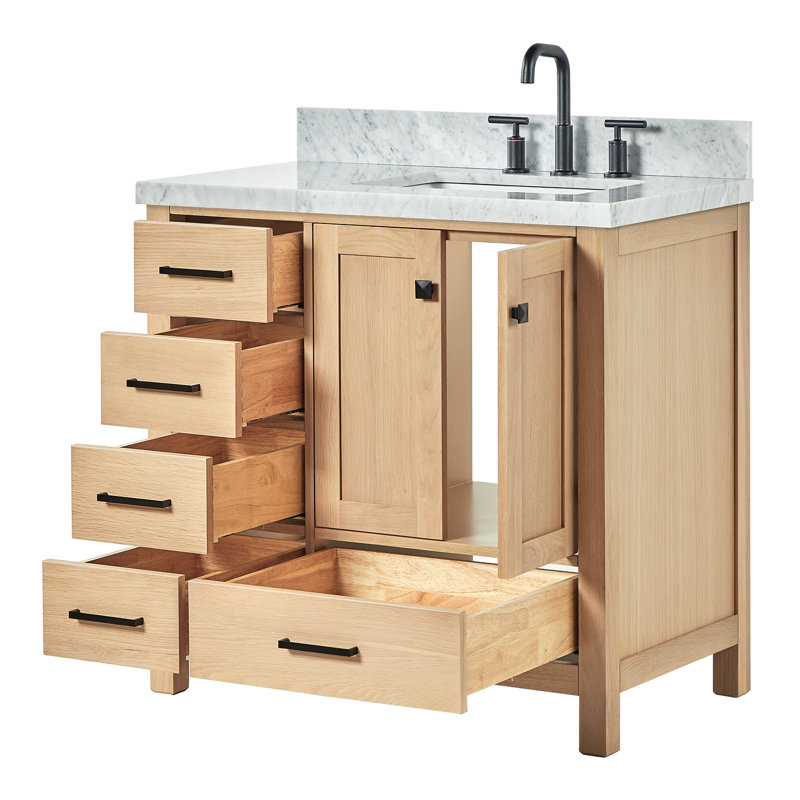 Cambridge 37'' W Single Vanity, Matte Black, Oak, Carrara Marble