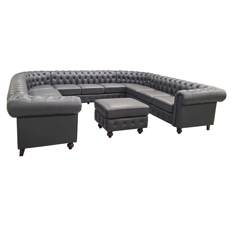 Canapé modulaire en cuir Chesterfield, Blue Grey Top Grain Leather