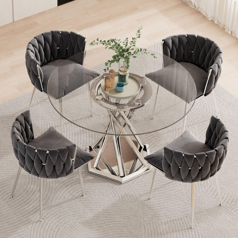 Ensemble de table de salle à manger ronde 47,2 "pour 4, 5 pièces, ensemble de table de salle à manger en verre trempé avec 4 chaises rembourrées en velours, pour cuisine, appartement