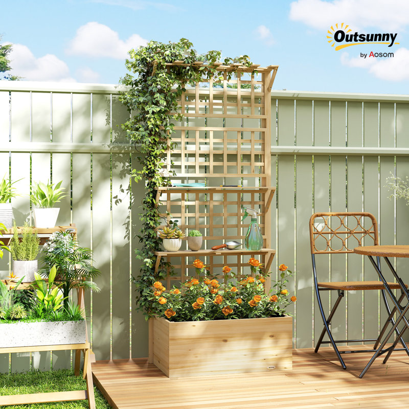 Wooden Raised Garden Bed with Trellis and Roof, Elevated Outdoor Planter Box with 2 Shelves, Drainage Hole and Liner for Climbing Plants Vegetables Flowers, Natural