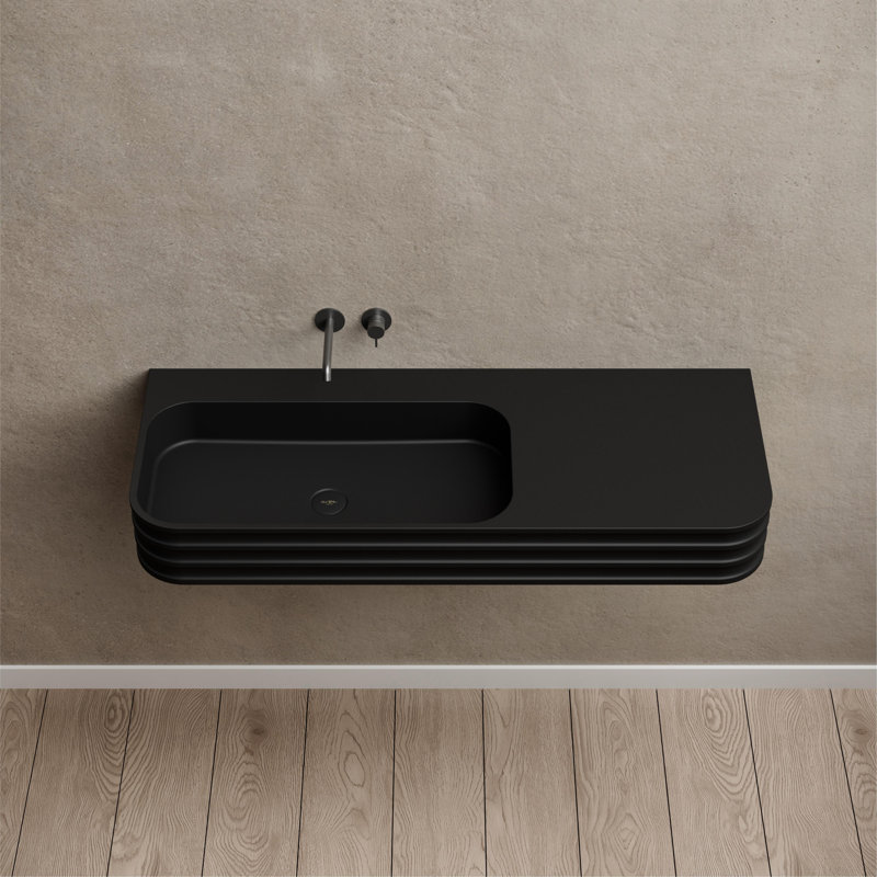 MonBlari 31.5" X 18" Rectangle Solid Surface Matte Black Wall Mount Sink Fluted Bathroom Sink, Matte Black