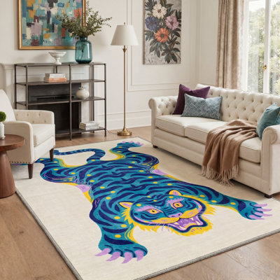 Valor Inspired Machine Washable Yellow / Blue / Beige / Purple Indoor Area Rug with Non-Slip Backing
