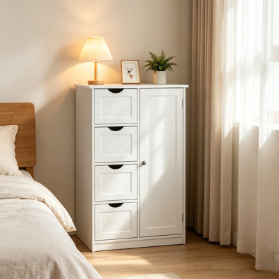 4‑Drawer White Wooden Storage Cabinet, Freestanding Bathroom Cabinet with Door, Space‑Saving Organizer for Bathroom Living Room Entryway