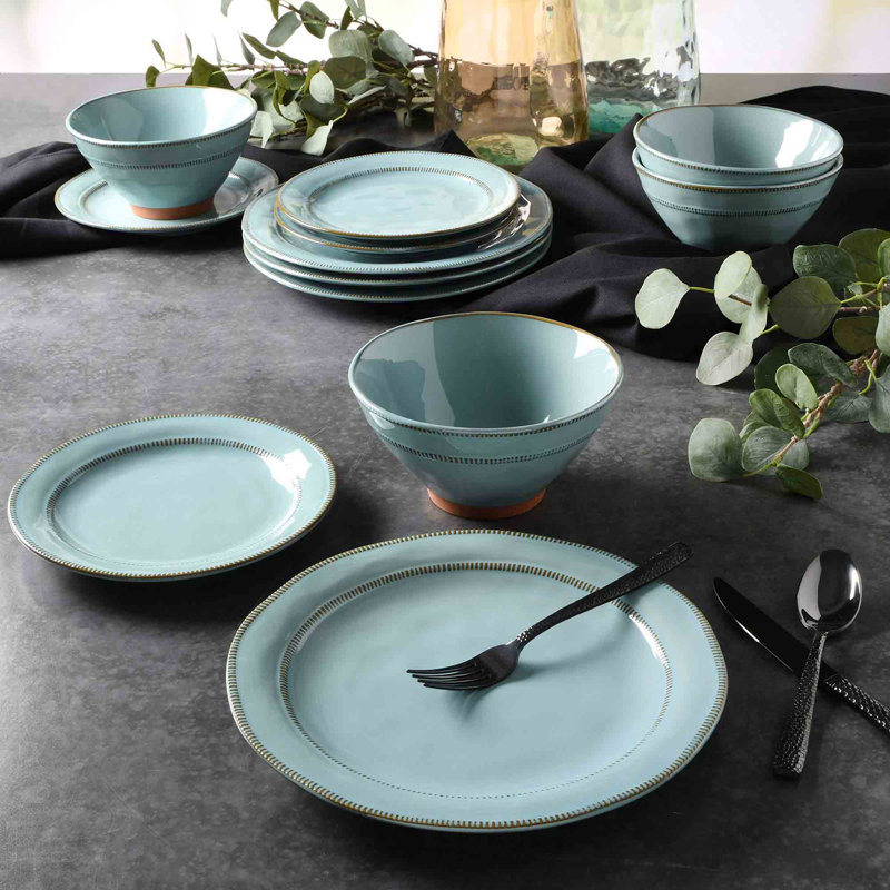 Teal Ceramic 12-Piece Dinnerware Set with Reactive Glaze