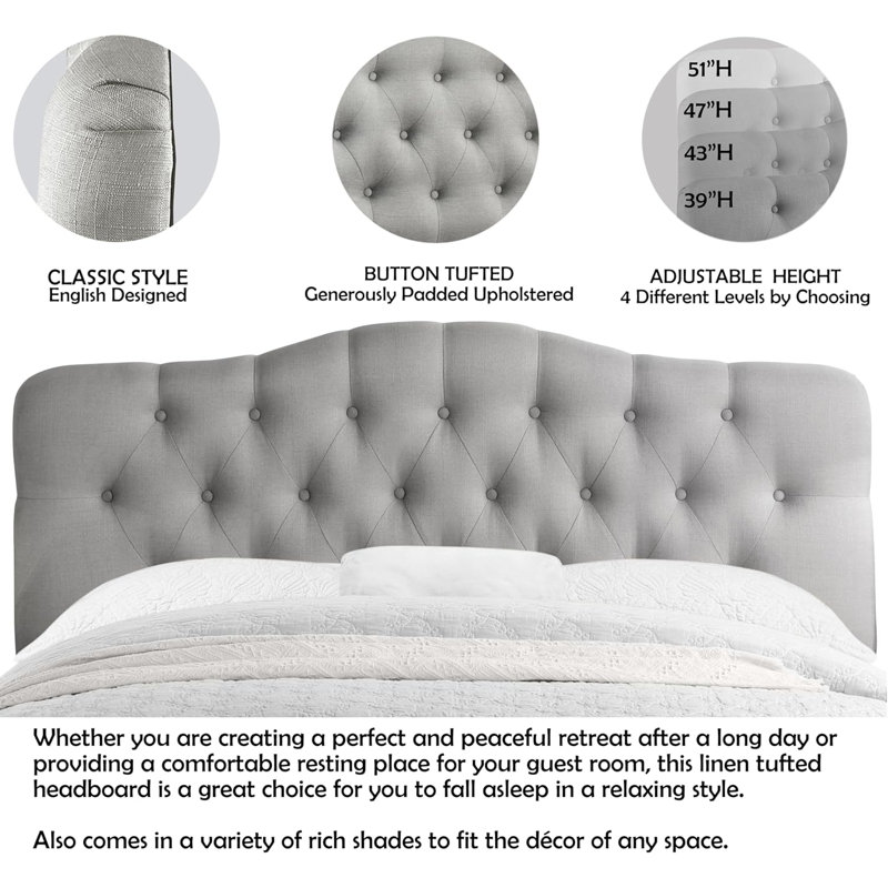 Linen Upholstered Headboard-Modern-Adjustable Height-Button Tufting, King, Gray