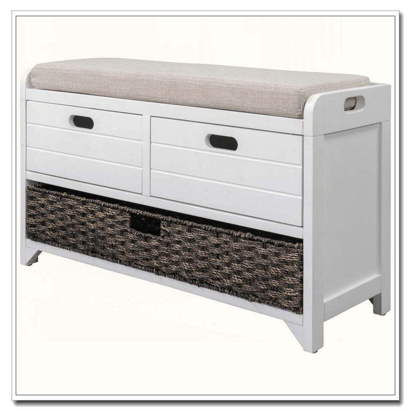 Banc de rangement entièrement assemblé avec panier amovible, 2 tiroirs et siège rembourré, Blanc