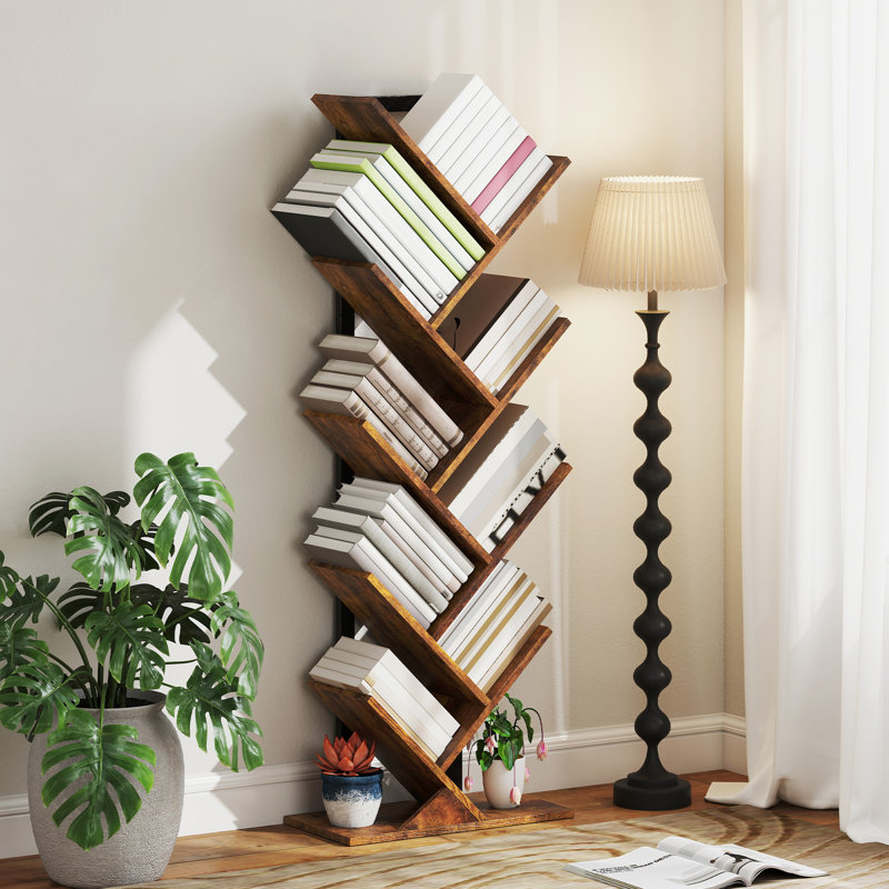 HOMCOM Tree Bookshelf Industrial Bookcase Steel Frame, (9 Shelves) 136cmH x 50cmW x 24cmD, Rustic Brown