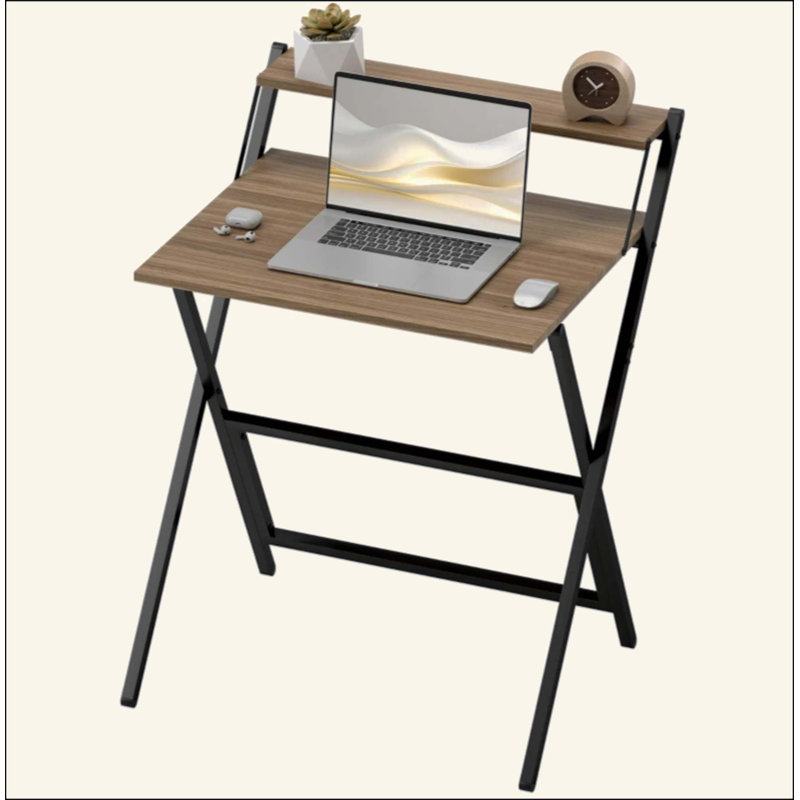 Folding Computer Desk,  With Monitor Shelf For Small Space, Home Office, Study, 34.1" H x 27.6" W x 24.4" D, Natural