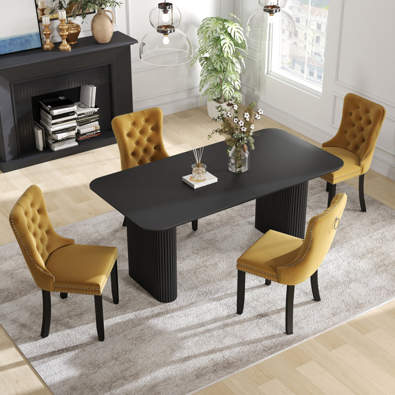 Ensemble de salle à manger rectangulaire à double piédestal avec table de salle à manger de style crème, 5, Jaune