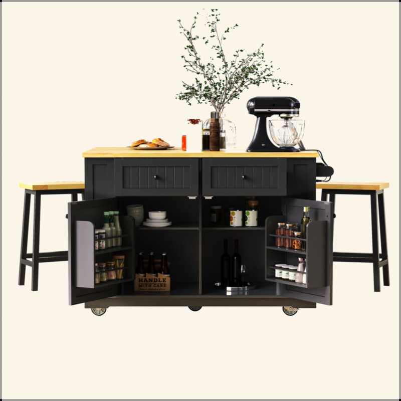 48 Inch Large Kitchen Island With Drop Leaf,Power Outlet,Internal Storage Rack,Rolling Kitchen Storage Cart On 5 Wheels With 5 Open Side Racks,For Kitchen,Dining Room(Not Include Stools)