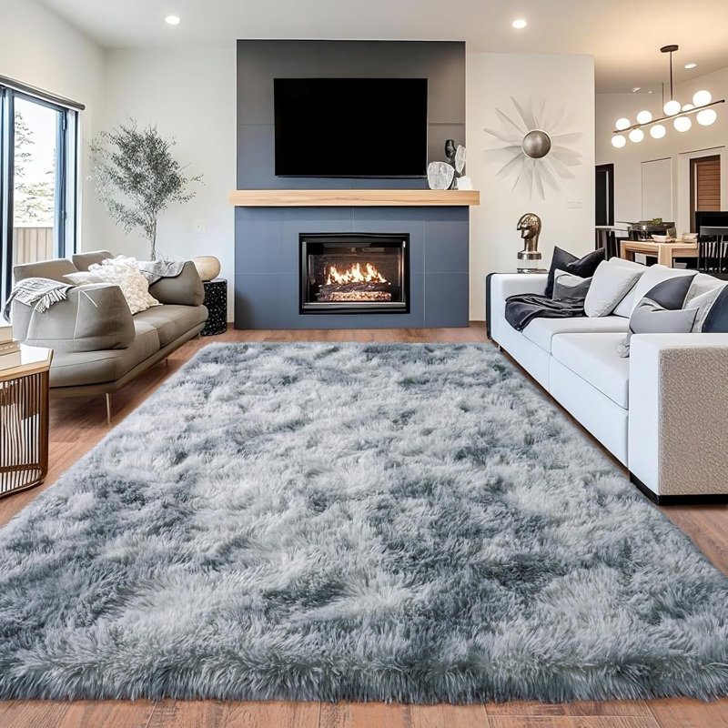 9x12 ft Tie-dyed Sliver Grey Shag Rug, Ideal for living room decor, Ultra-Soft Puffy Fluffy Rug for Bedroom Flooring, Aesthetic Carpets Suitable for Kids' Rooms, Dorms, and Home Decor