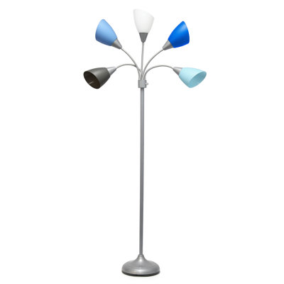 Tarbert 5 Light Adjustable Gooseneck Floor Lamp, Silver, Blue, White, Gray Shades, 67"H