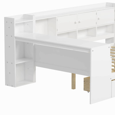 Wooden L-Shape Daybed With Seven Storage Cabinets And Two Storage Drawers, Multi-Functional Bed With Study Desk And Built-In Bookshelf