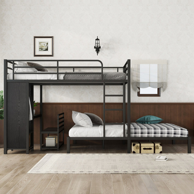 Structure de lit superposé avec garde-robe intégrée, lit superposé en métal avec bureau et chaises de rangement