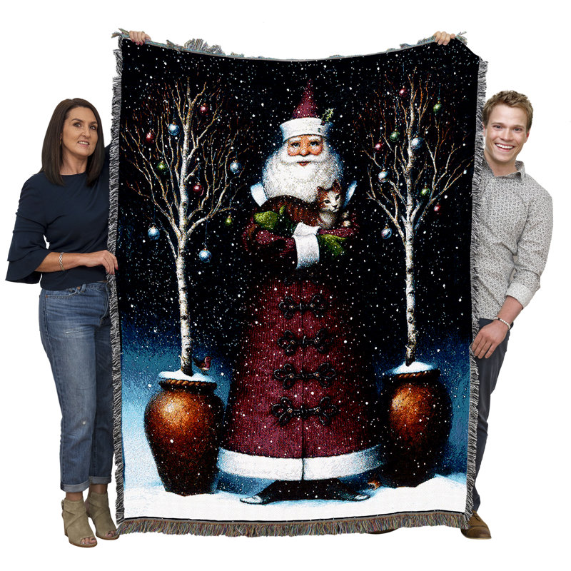 Couverture Pure Country Weavers Kitty Santa par Lynn Bywaters - Claus Saint Nicholas Nick Kris Kringle Cat - cadeau de Noël tapisserie tissé à partir de coton - fabriqué aux États-Unis (72 x 54)