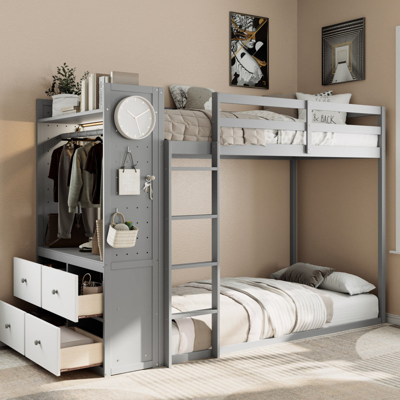 Lit superposé simple gris avec rail de suspension, 4 tiroirs profonds, bande, tablettes intégrées et double pour la chambre à coucher