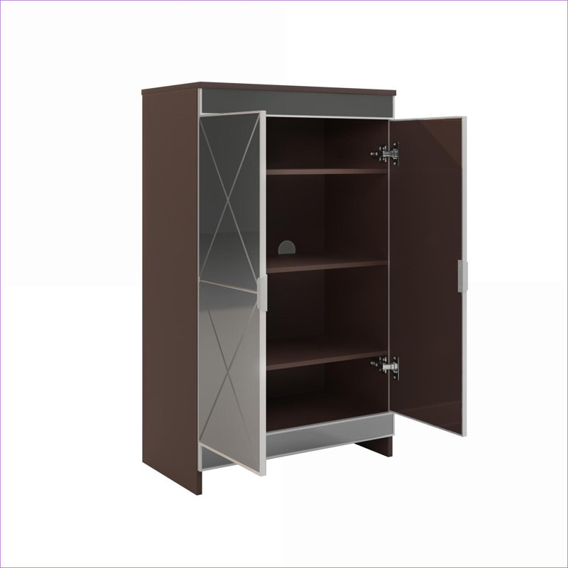 Cabinets | Modern Mirrored Double Door Shoe Storage Cabinet, Walnut Brown Finish, Brushed Silver Edging, Adjustable Compartments | Glass,MDF | Entryway