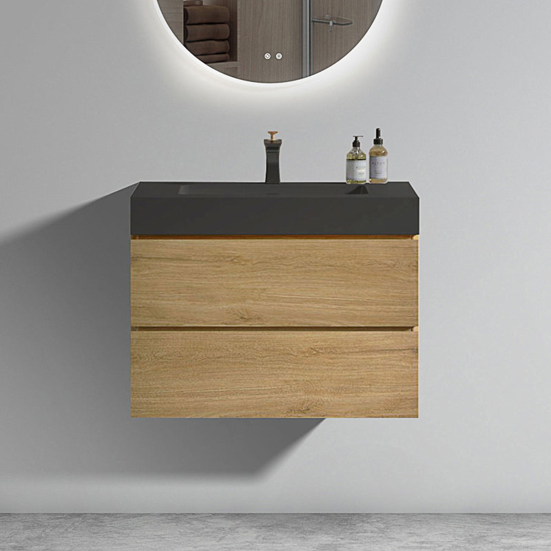Meuble-lavabo mural avec lavabo, meuble-lavabo mural flottant, Chêne clair, 30", Noir
