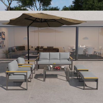7-Piece Aluminum Outdoor Patio Conversation Set with Coffee Table, Modern Sectional Sofa Set for Balcony, Garden, Deck and Backyard