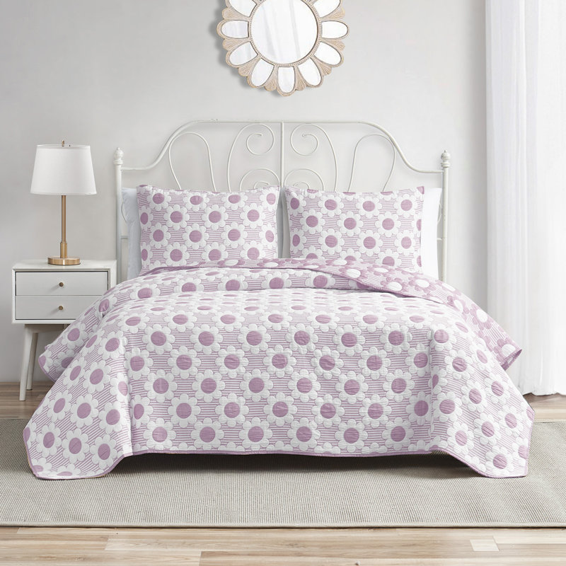 Ensemble de courtepointe réversible en mélange de coton tissé à motif marguerite jaune toutes saisons DESIGN STUDI, Lilac