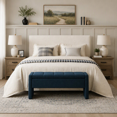 Banc de rangement moderne avec rangement, grand tabouret de repose-pieds rembourré, banc de meuble-lavabo pour fenêtre confortable pour salon, chambre à coucher, dortoir, table basse, lin bleu marine