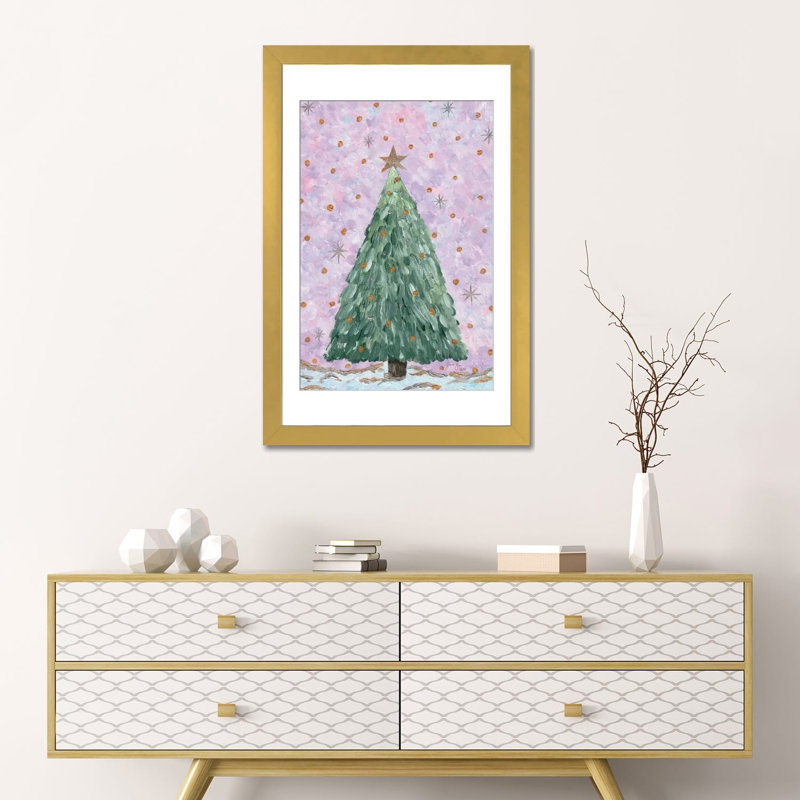 Festive Christmas Tree - reproduction d'art murale - toile tendue, 24 po x 16 po, Papier encadré, Doré