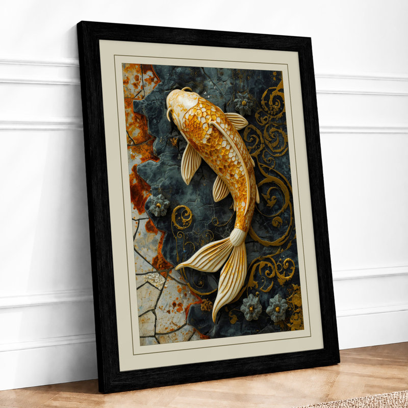 Golden Koi in Patterns Japandi - Framed Print, A1 - 84.1 x 59.4 cm, Black