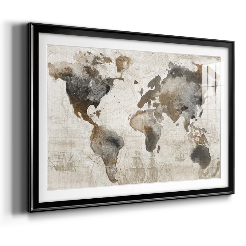 Carte antique encadrée sur papier, Noir, H 30 po x l 44 po x P 1,5 po