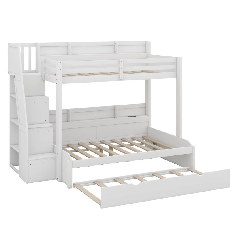 Full Over Twin Bunk Bed With Built-In Storage Staircase, Trundle Bed, Storage Compartments, LED & USB Connectivity, White