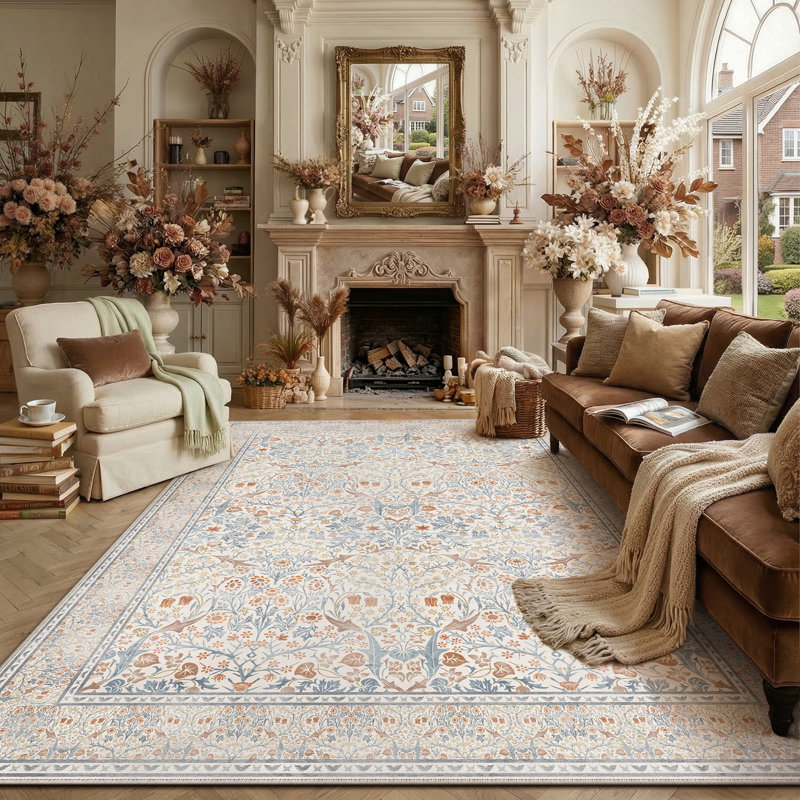 Alora Machine Washable Floral Area Rug With Non-Slip Backing, Rectangle 9' x 12', Beige, 0.35"