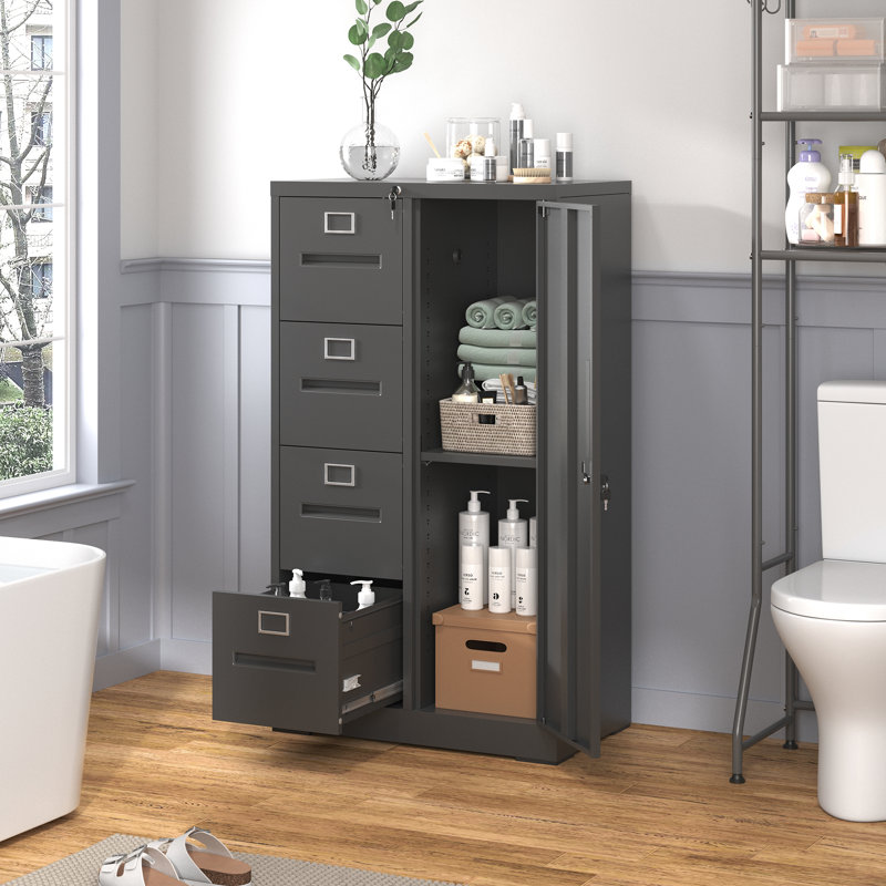 Classeur vertical en métal 4 tiroirs avec verrou Mak Peace | Armoire de rangement pour bureau personnel pour suspendre des dossiers de format légal / lettre / A4 avec porte verrouillable, noir, assemblage requis