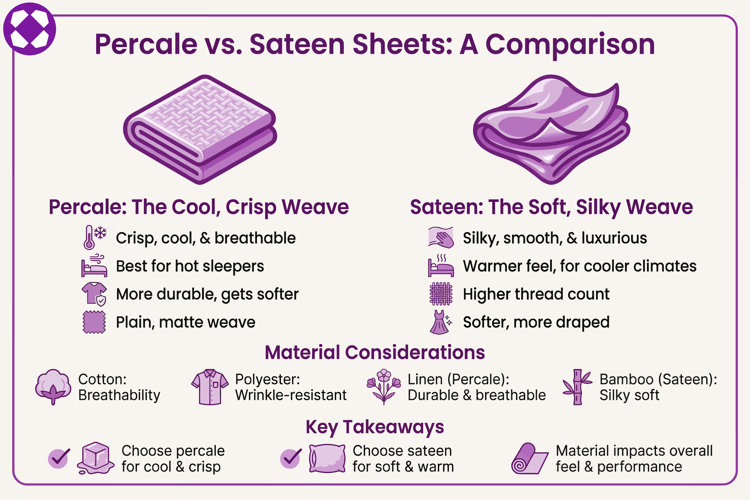 comparison infographic of percale vs. sateen sheets, including feel, breathability, durability, and weave type