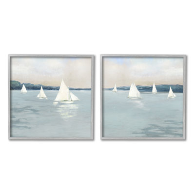 Voiliers gris, vue nautique sur l'océan, ensemble de 2 giclées encadrées par Sally Swatland